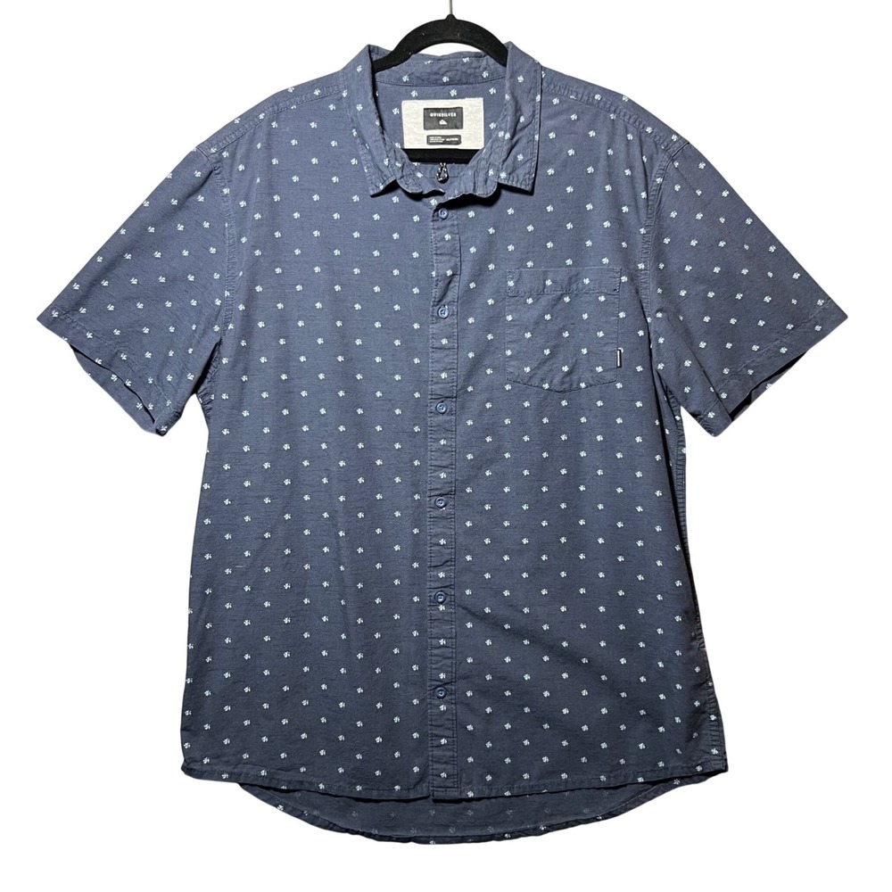Quiksilver Mens XXL Blue Micro Print Short Sleeve Button Down Shirt Modern Fit